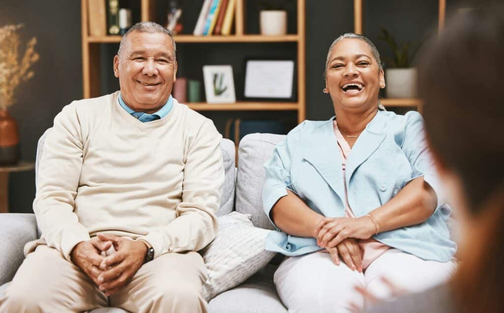 Marriage, happy or old couple in counseling with a psychologist for mental health advice or support